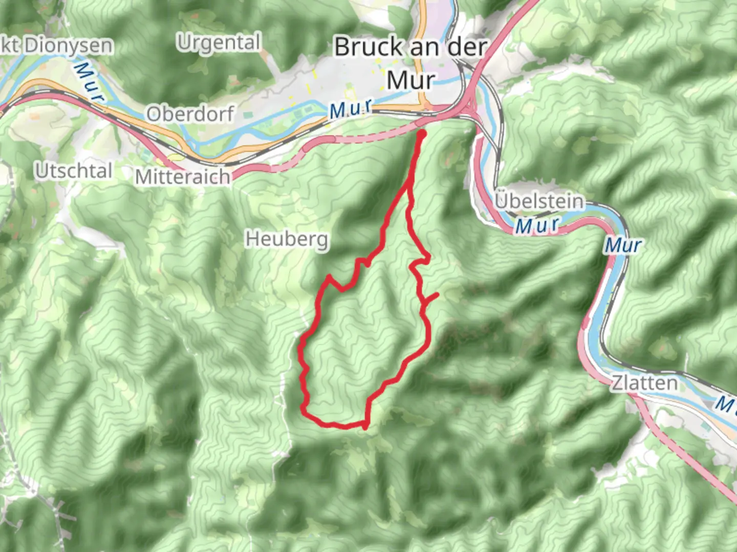 An image depicting the trail Bruck an der Mur to the Hochanger and its surrounding area.