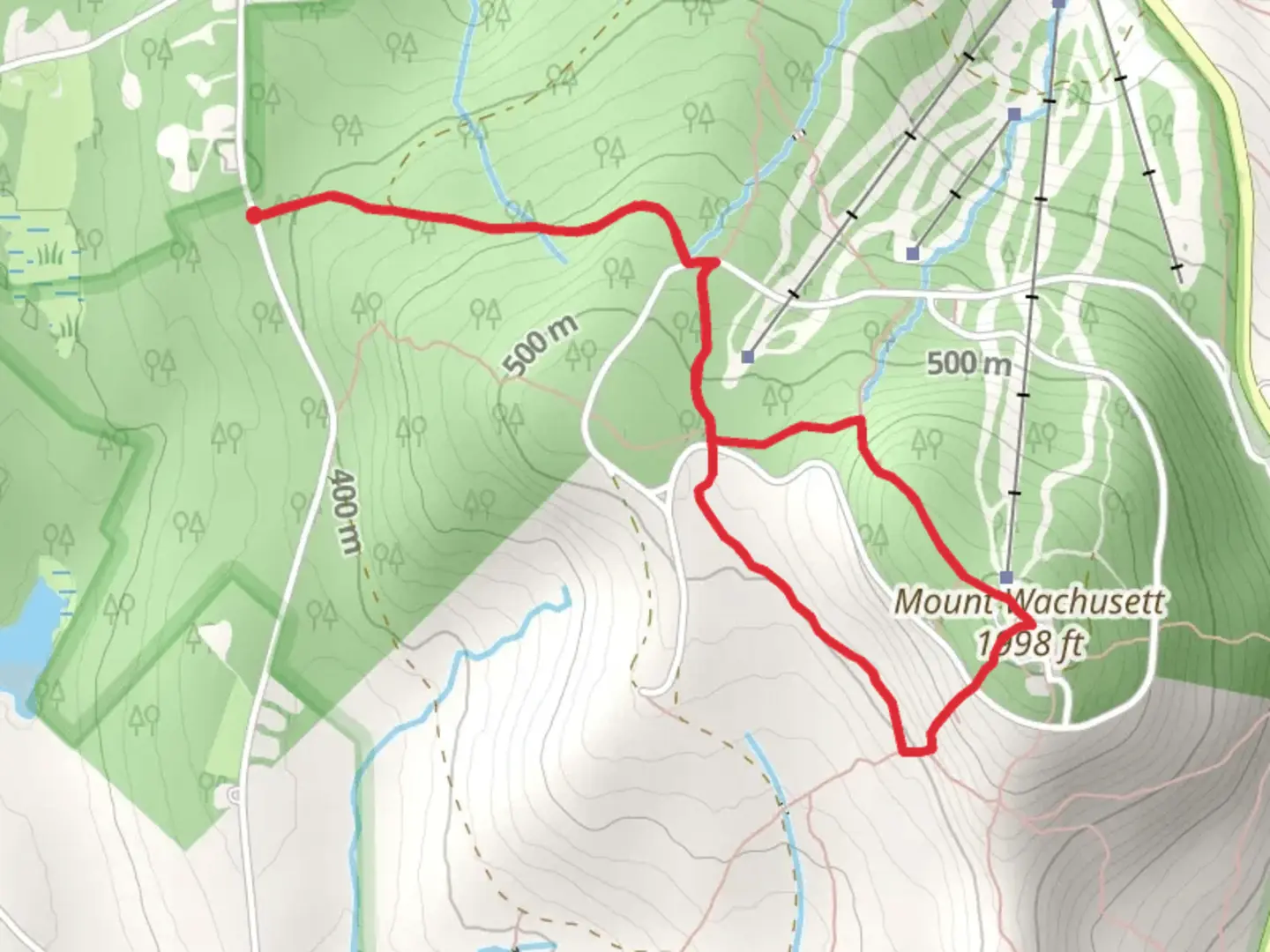 An image depicting the trail Mount Wachusett Loop from West Princeton Road and its surrounding area.