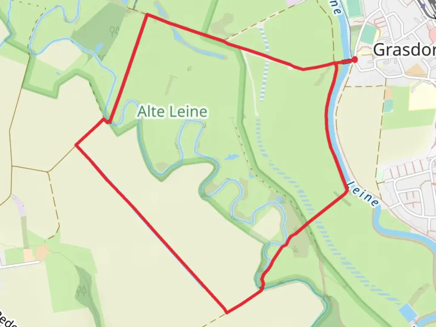 An image depicting the trail Leine via Harkenblecker Furt and its surrounding area.