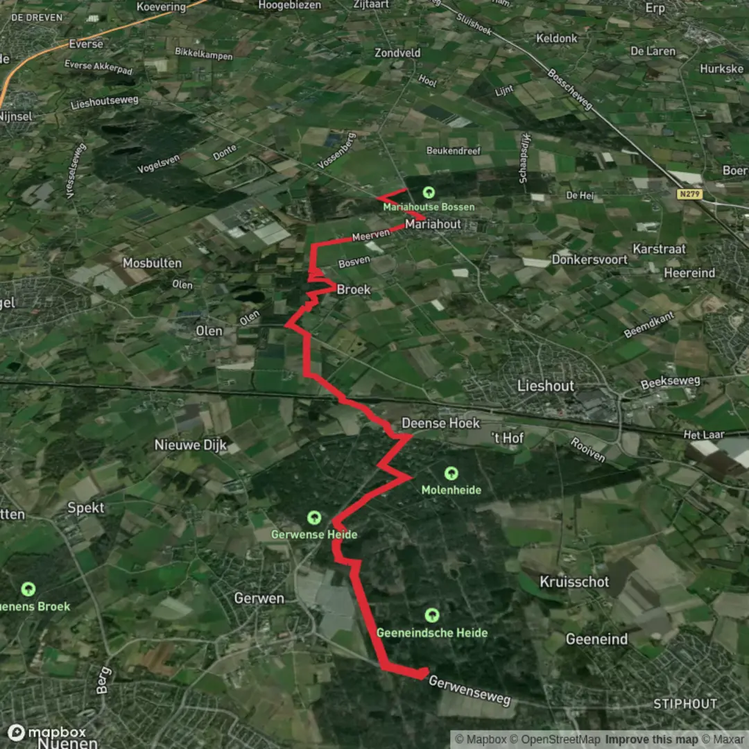 An image depicting the trail Stiphout to Heide via t' Hoolven and Bosven and its surrounding area.