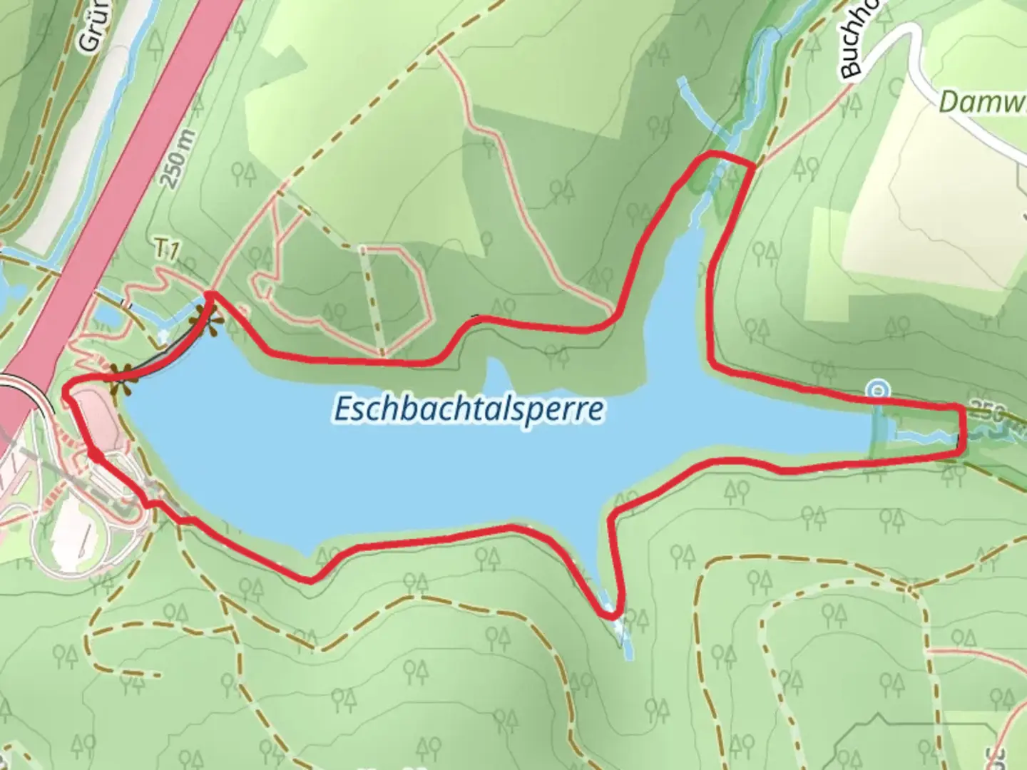 An image depicting the trail Eschbachtalsperre Loop and its surrounding area.