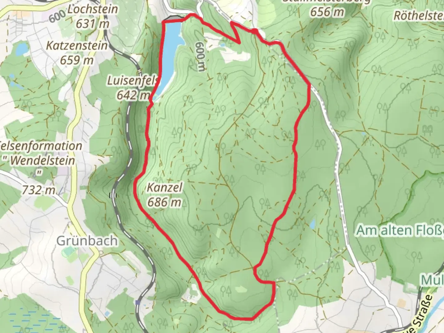 An image depicting the trail Gruner Wald, Druckersmuhle and Talsperre Falkenstein Loop and its surrounding area.