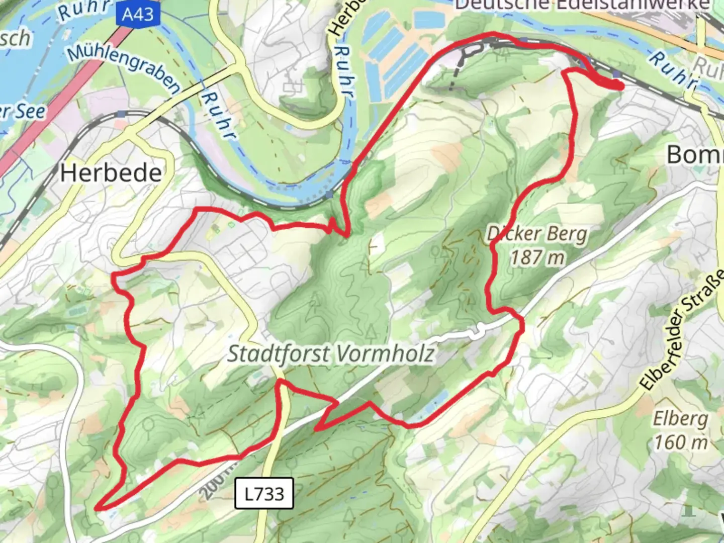 An image depicting the trail Stadtforst Muttental via Am Nöcksken and its surrounding area.