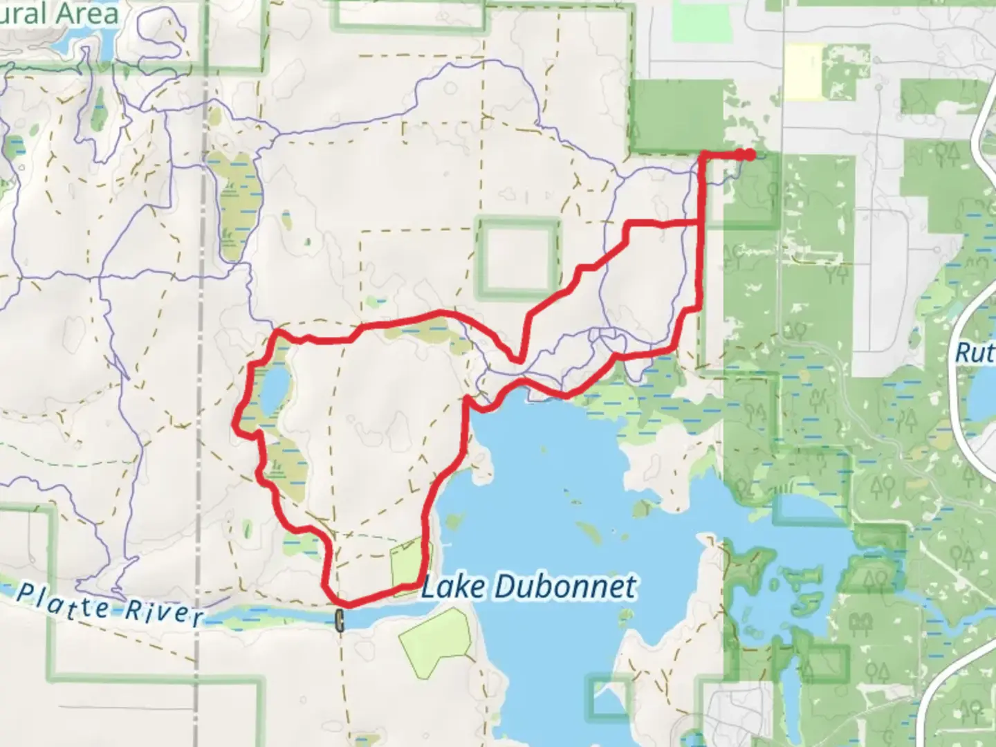 An image depicting the trail Lost Lake and Lake Dubonnet Loop Trail and its surrounding area.
