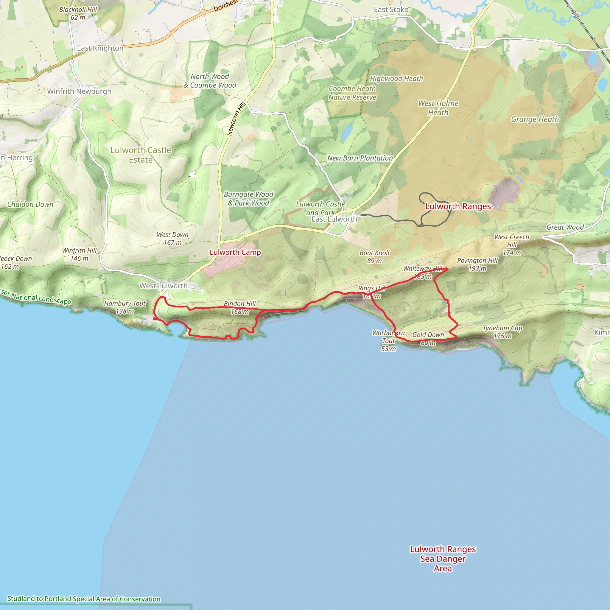 Bindon Hill, Rings Hill, Worbarrow Bay and Lulworth Cove Loop mobile static map