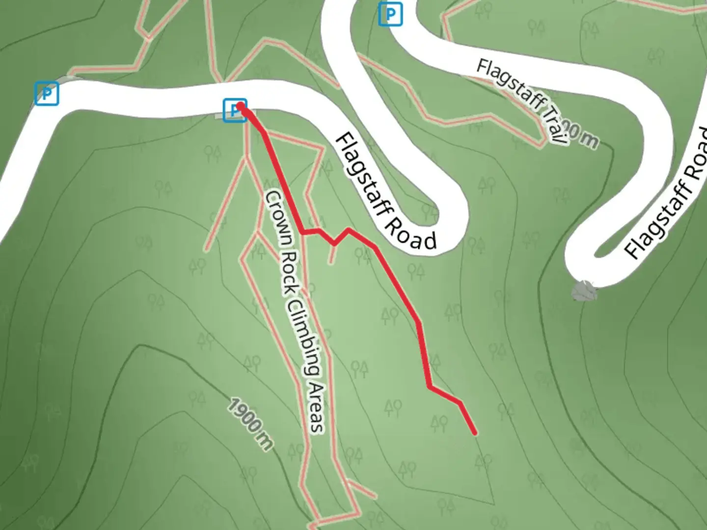 An image depicting the trail Crown Rock Climbing Areas and its surrounding area.
