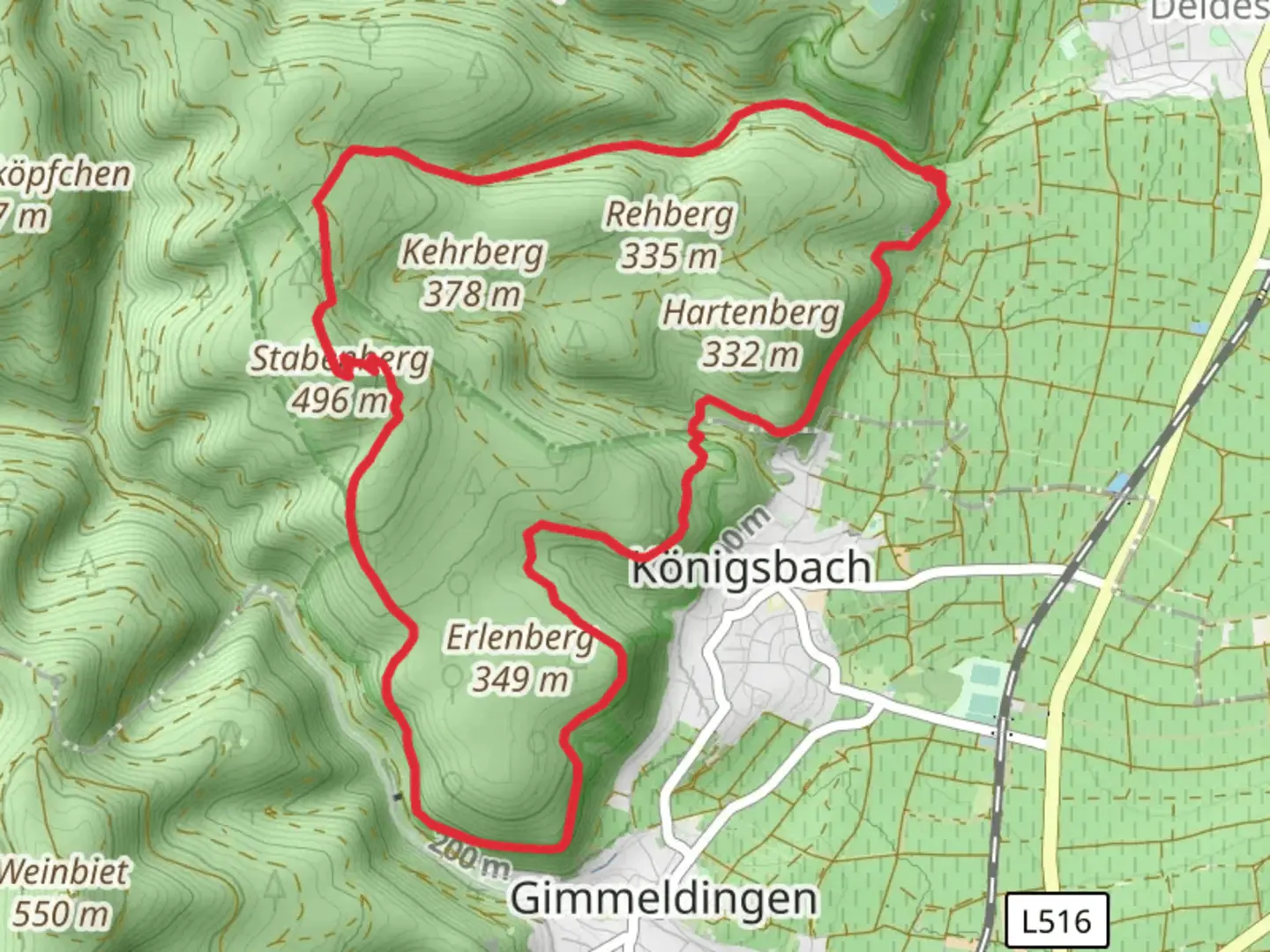An image depicting the trail Stabenberg and Konigsbach Loop via Muhltal RW 5 and its surrounding area.