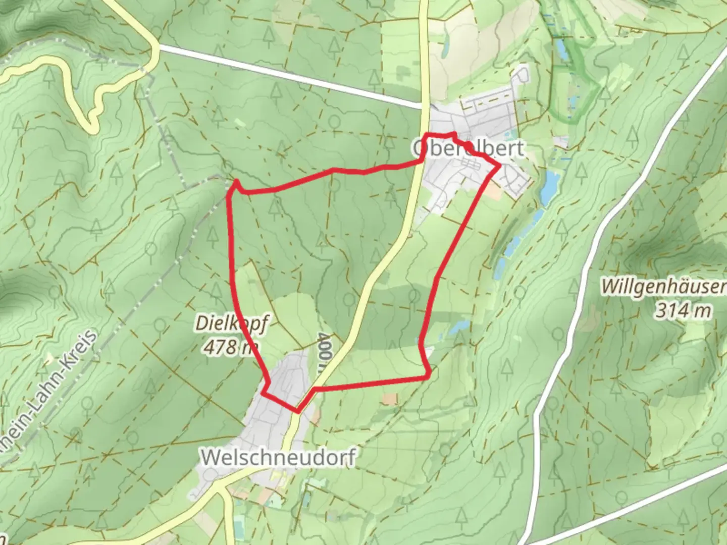 An image depicting the trail Oberelbert and Welschneudorf Loop and its surrounding area.