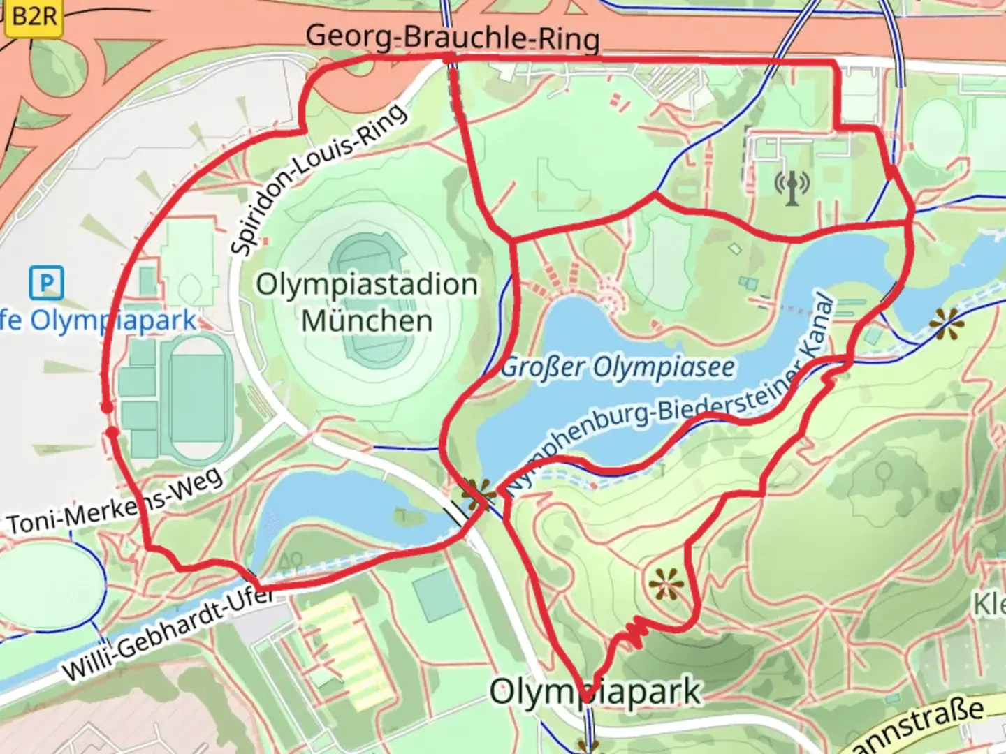 An image depicting the trail Grosser Olympiasee and Kleiner Olympiasee via Ernst-Curtius-Weg, Luz Long Ufer and Rudolf-Harbig-Weg and its surrounding area.