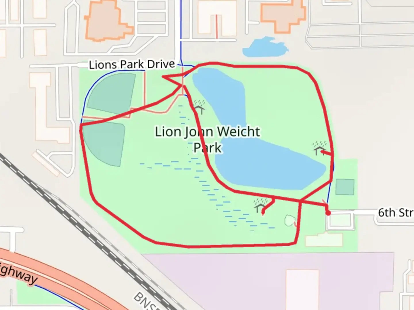 An image depicting the trail Lion John Weicht Park Loop and its surrounding area.