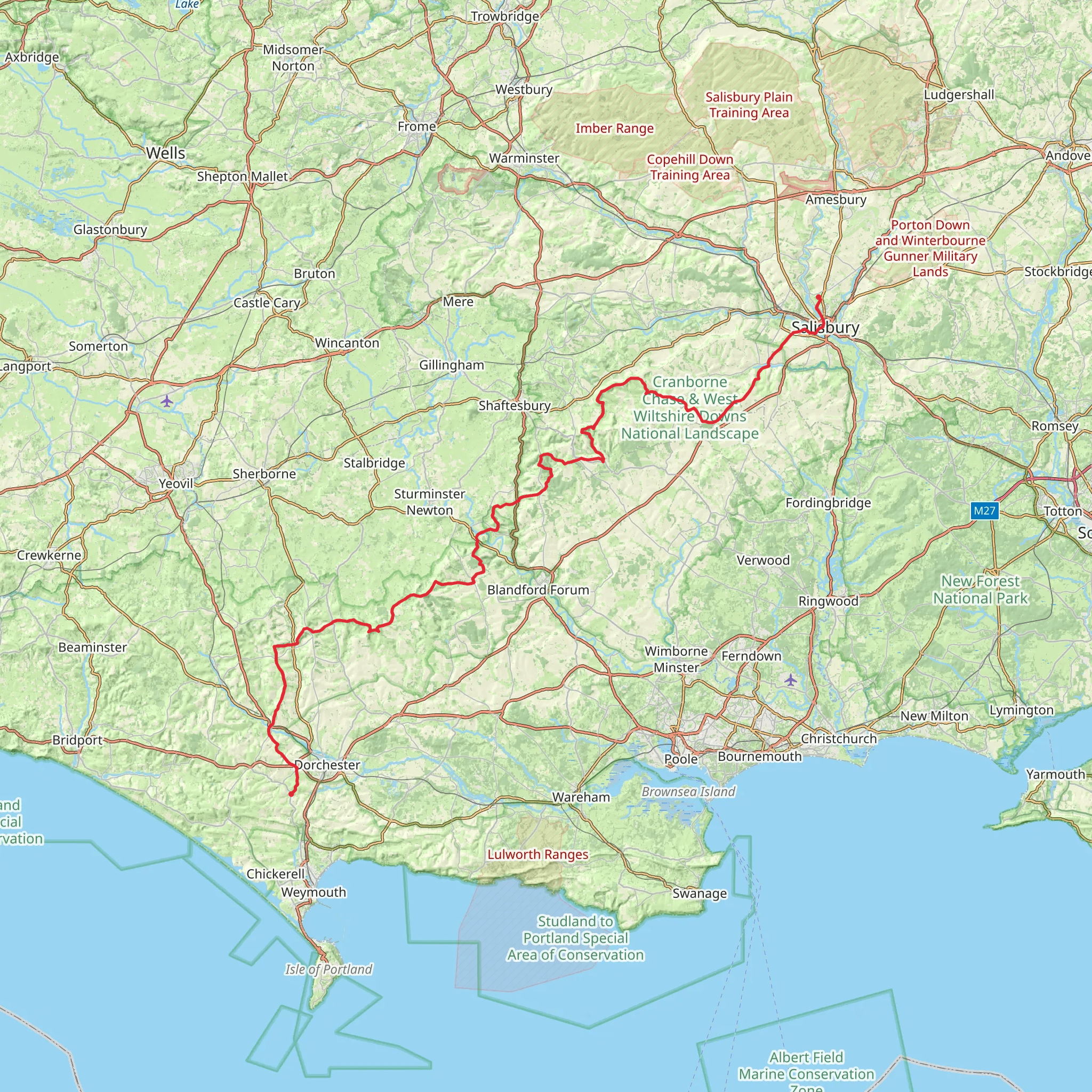 Wessex Heights from Dorchester to Salisbury mobile static map