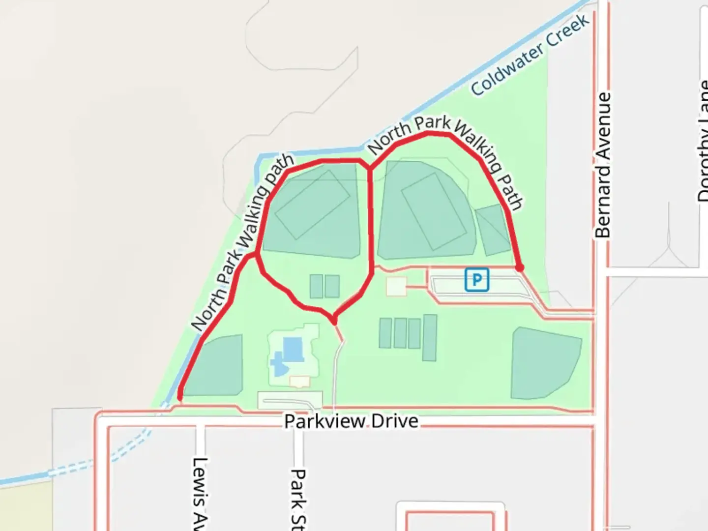 An image depicting the trail North Park Walking Path Loop and its surrounding area.