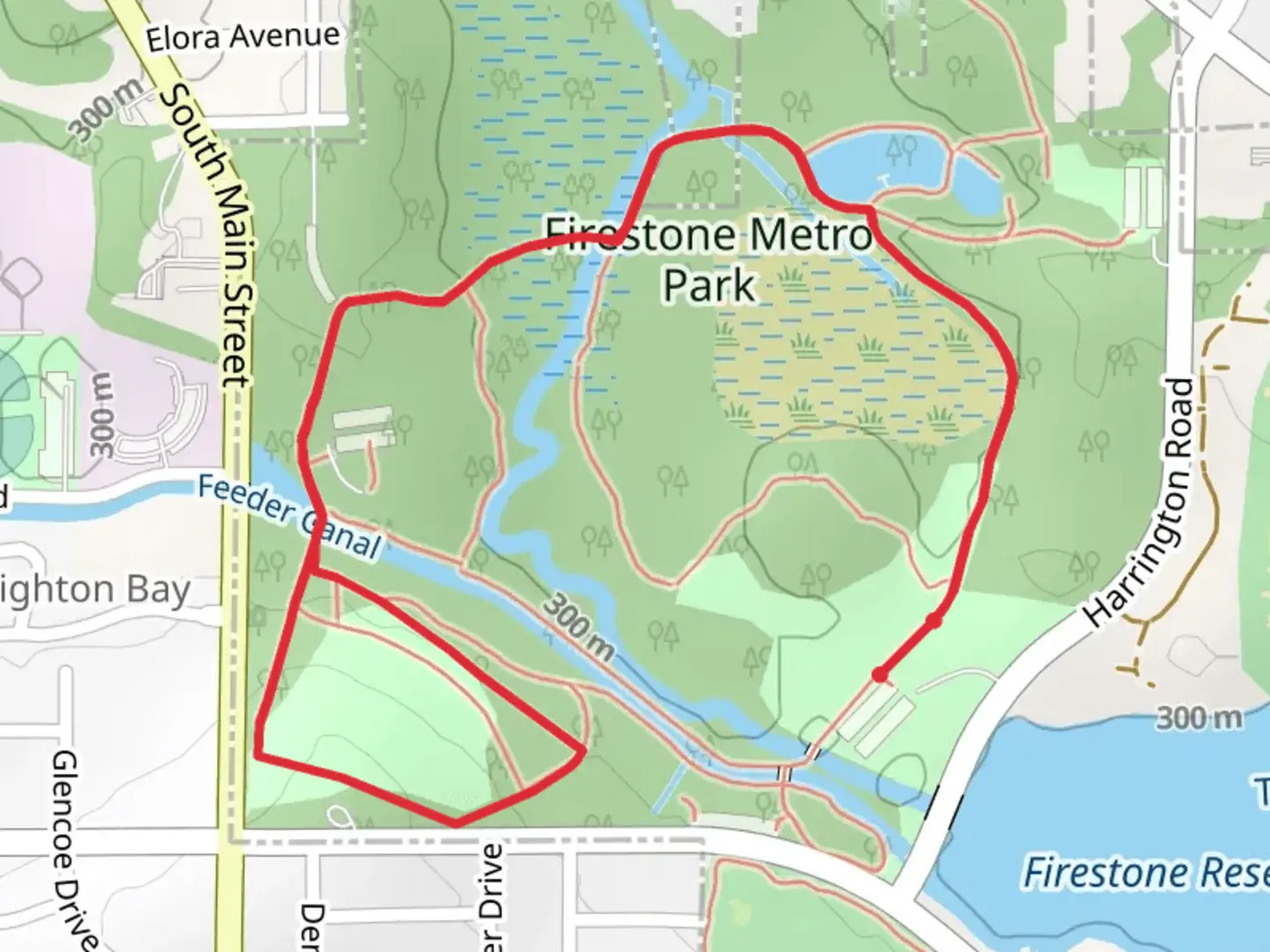 An image depicting the trail Feeder Canal and Firestone Metro Park Loop and its surrounding area.