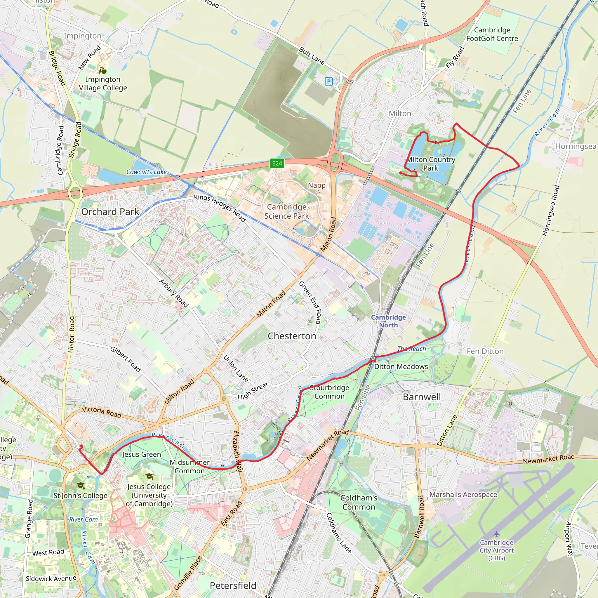 Cambridge to Milton Country Park Walk mobile static map