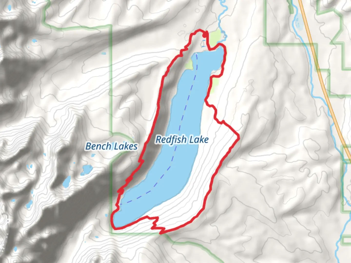 An image depicting the trail Redfish Lake Loop via Redfish Creek-Baron Creek Trail and Grand Mogul Trail and its surrounding area.