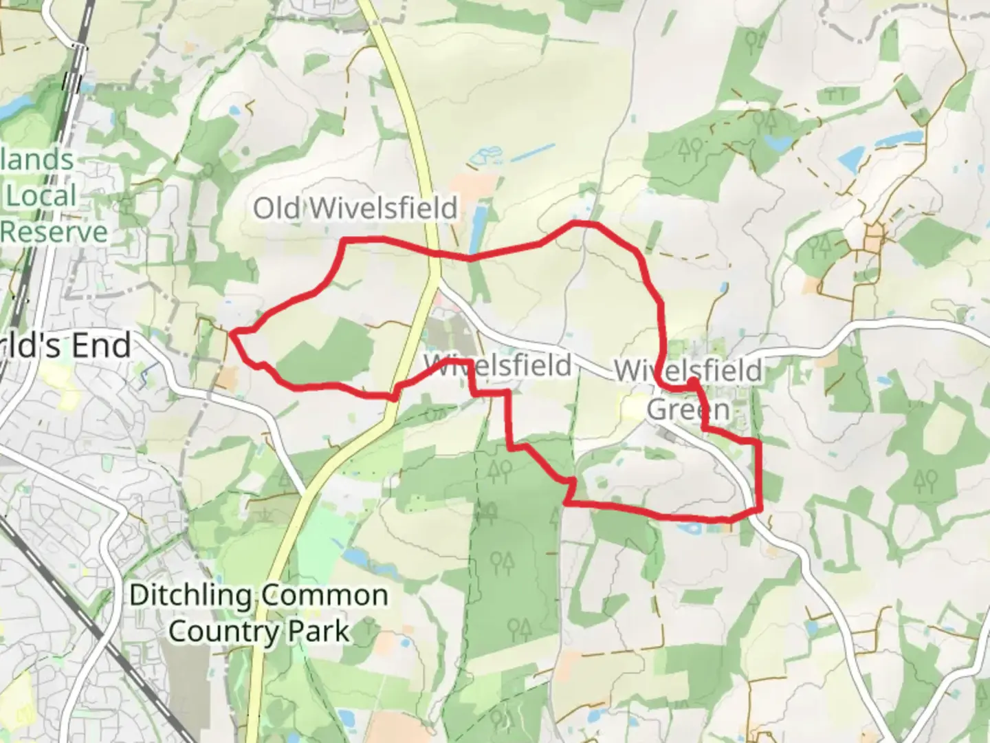 An image depicting the trail Lashmar Wood and Great Otehall Wood Loop and its surrounding area.