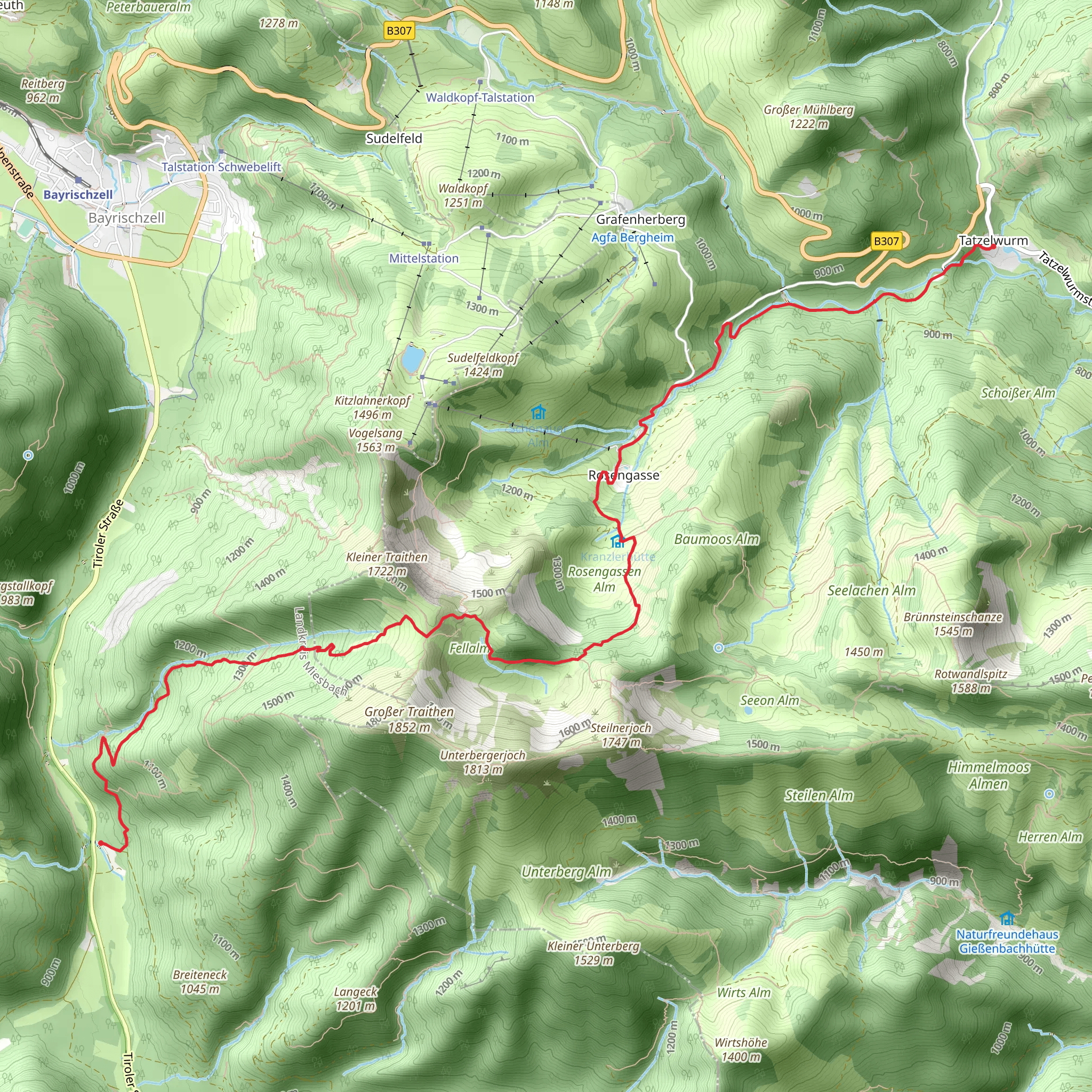 Tatzelwurm to Wildfütterung via Bergwachthütte mobile static map