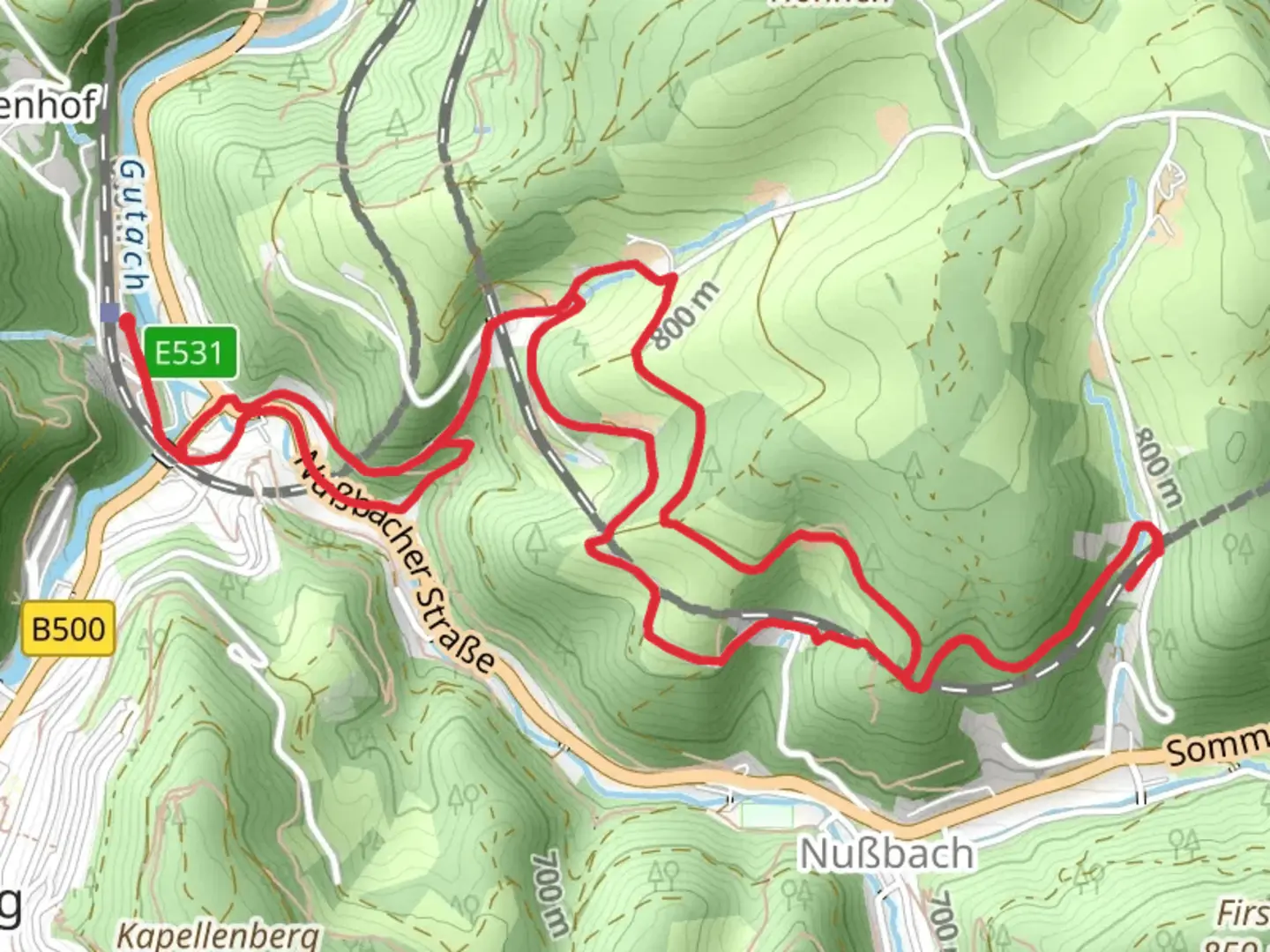 An image depicting the trail Technik and Spiel via Hohnenweg and Hubertusweg and its surrounding area.