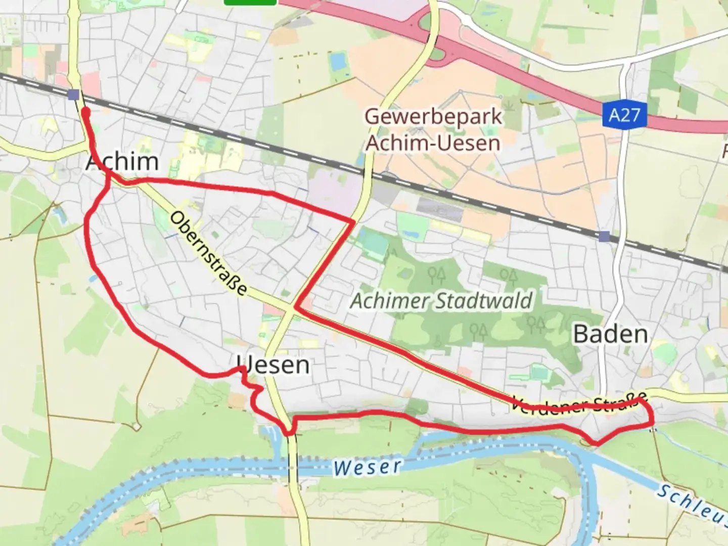 An image depicting the trail Achim to Baden Loop via Weser and its surrounding area.