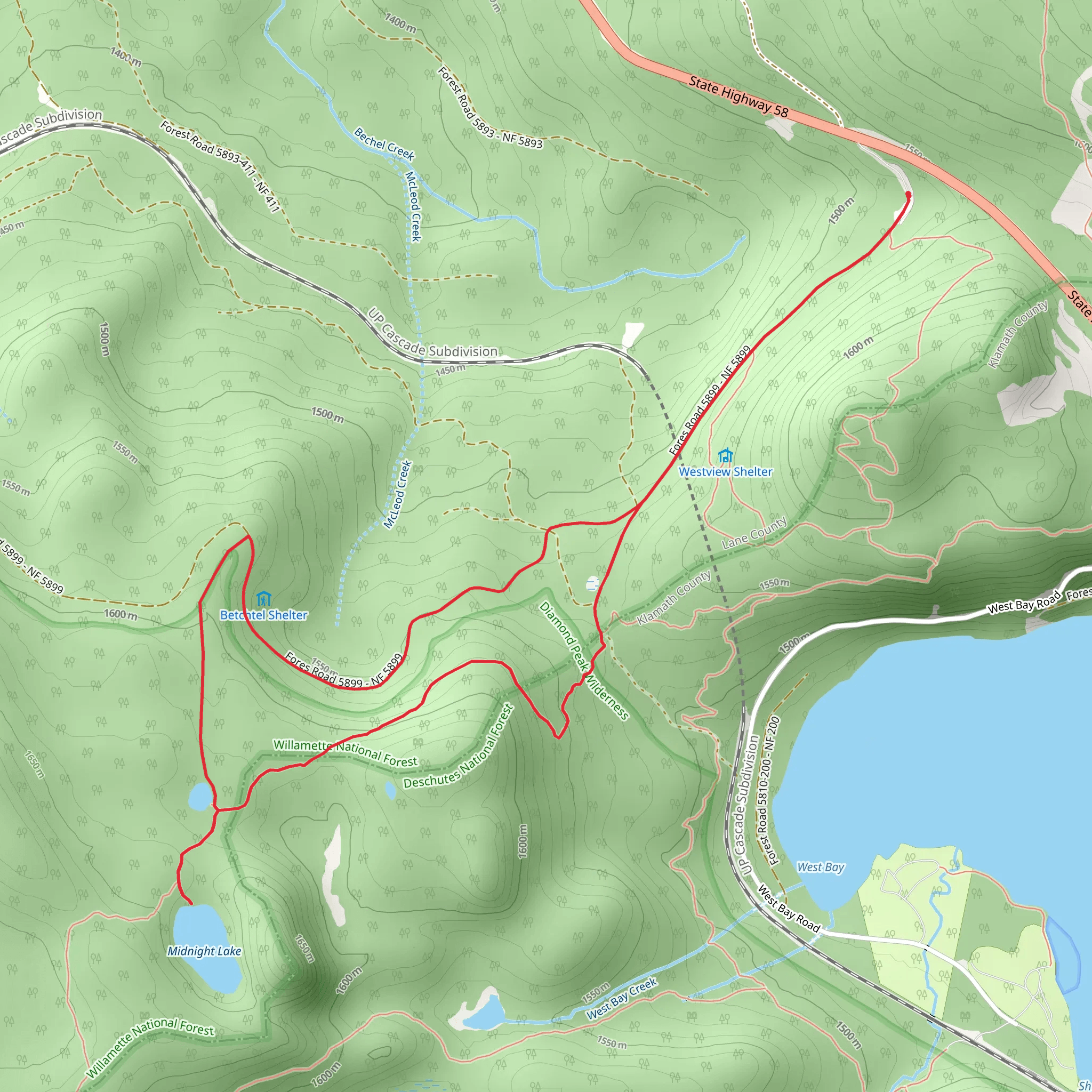 Pengra Pass, Pacific Crest Trail and Midnight Lake Loop mobile static map