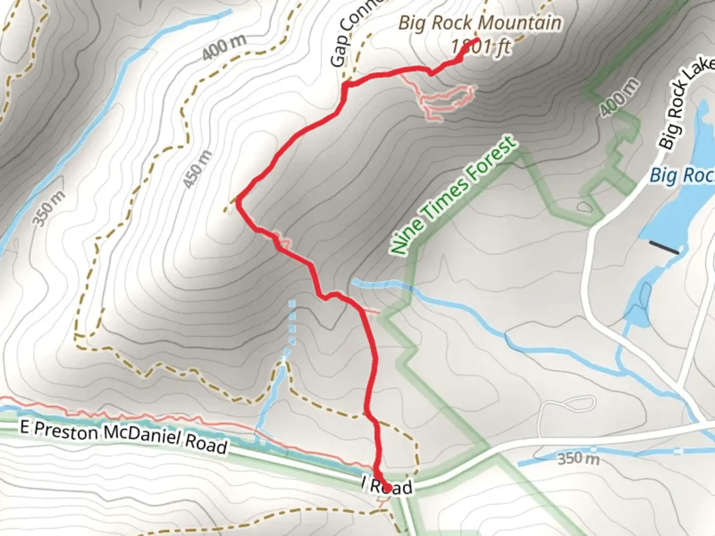 An image depicting the trail Big Rock Mountain via E Preston McDaniel Road and its surrounding area.