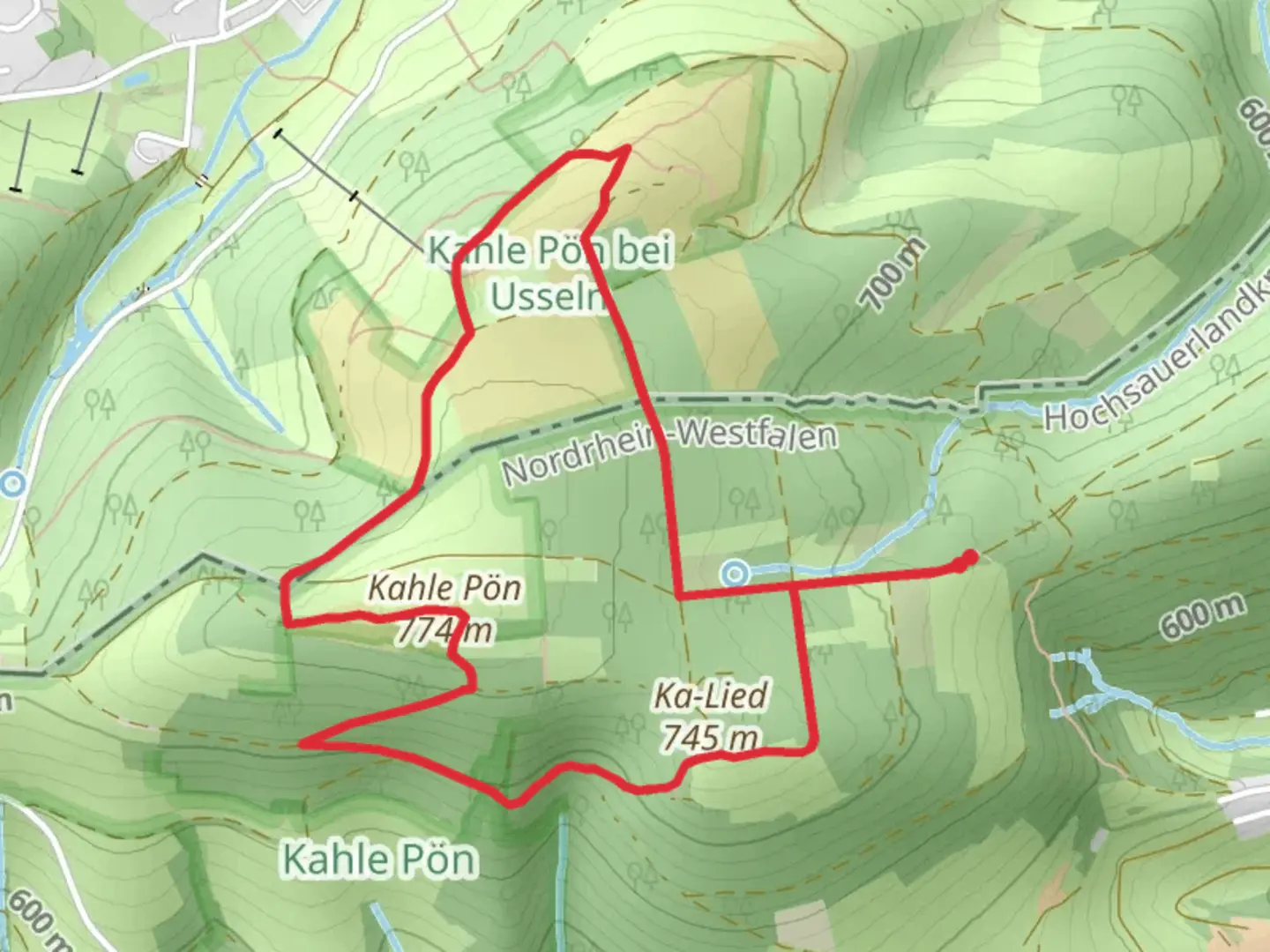 An image depicting the trail Kahle Pön and Ka Lied via Medebacher Bergweg and its surrounding area.