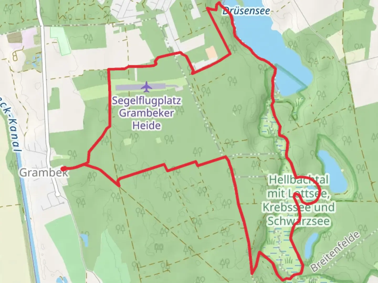 An image depicting the trail Lottsee and Drusensee Loop - Grambek and its surrounding area.