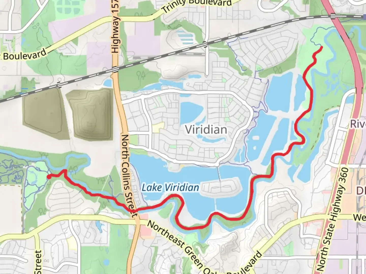 An image depicting the trail Lake Viridian - River Legacy Trail East and its surrounding area.