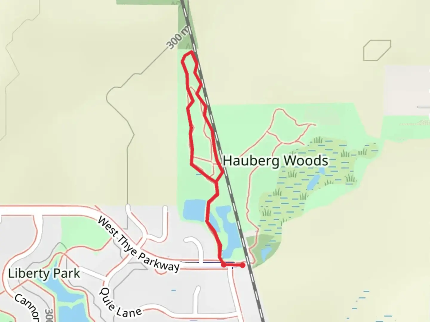 An image depicting the trail Hauberg Woods Walk and its surrounding area.