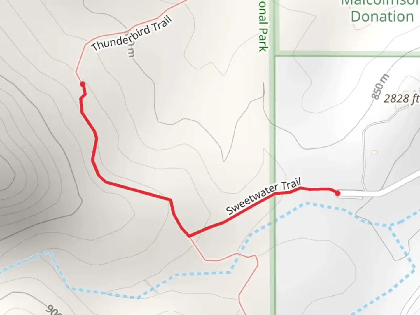 An image depicting the trail Thunderbird Trail from West el Camino del Cerro and its surrounding area.