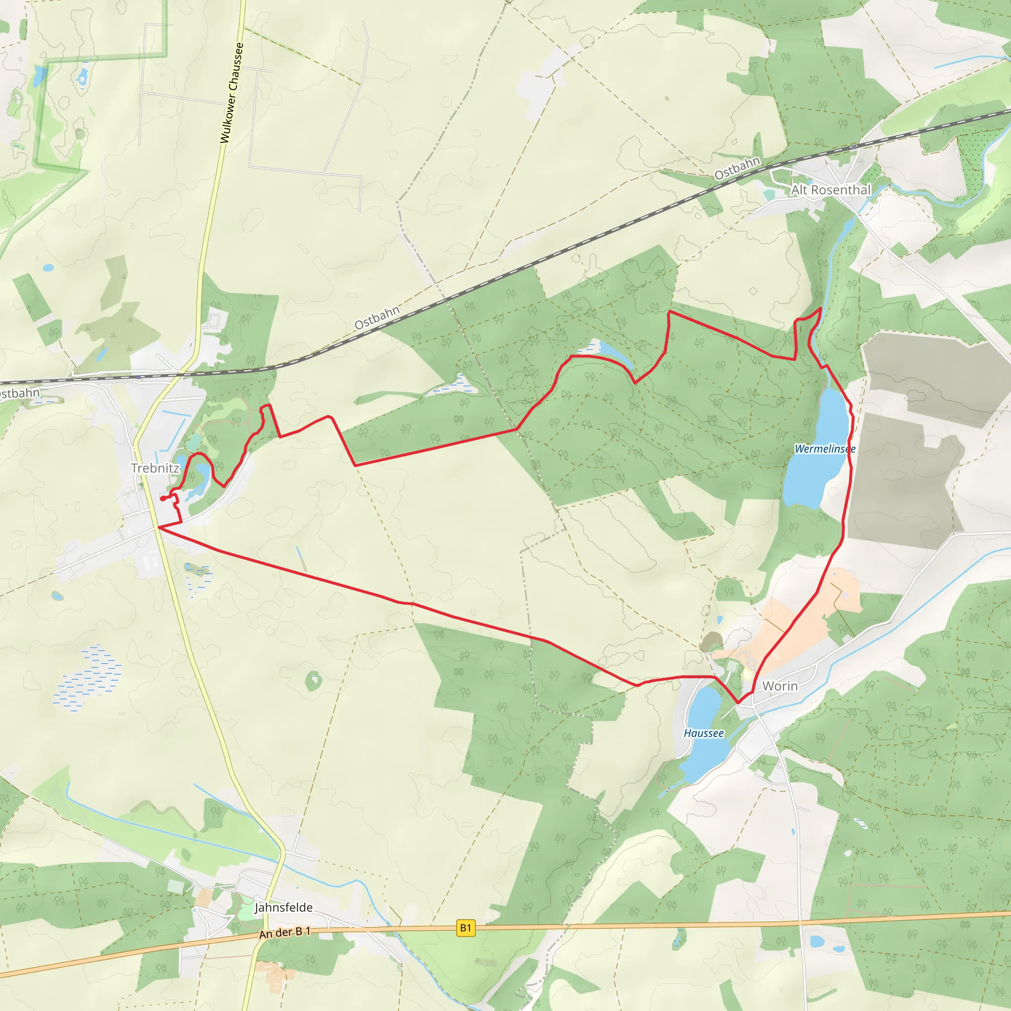 Schloß Trebnitz, Wermelinsee and Haussee Loop via Hinterheide mobile static map