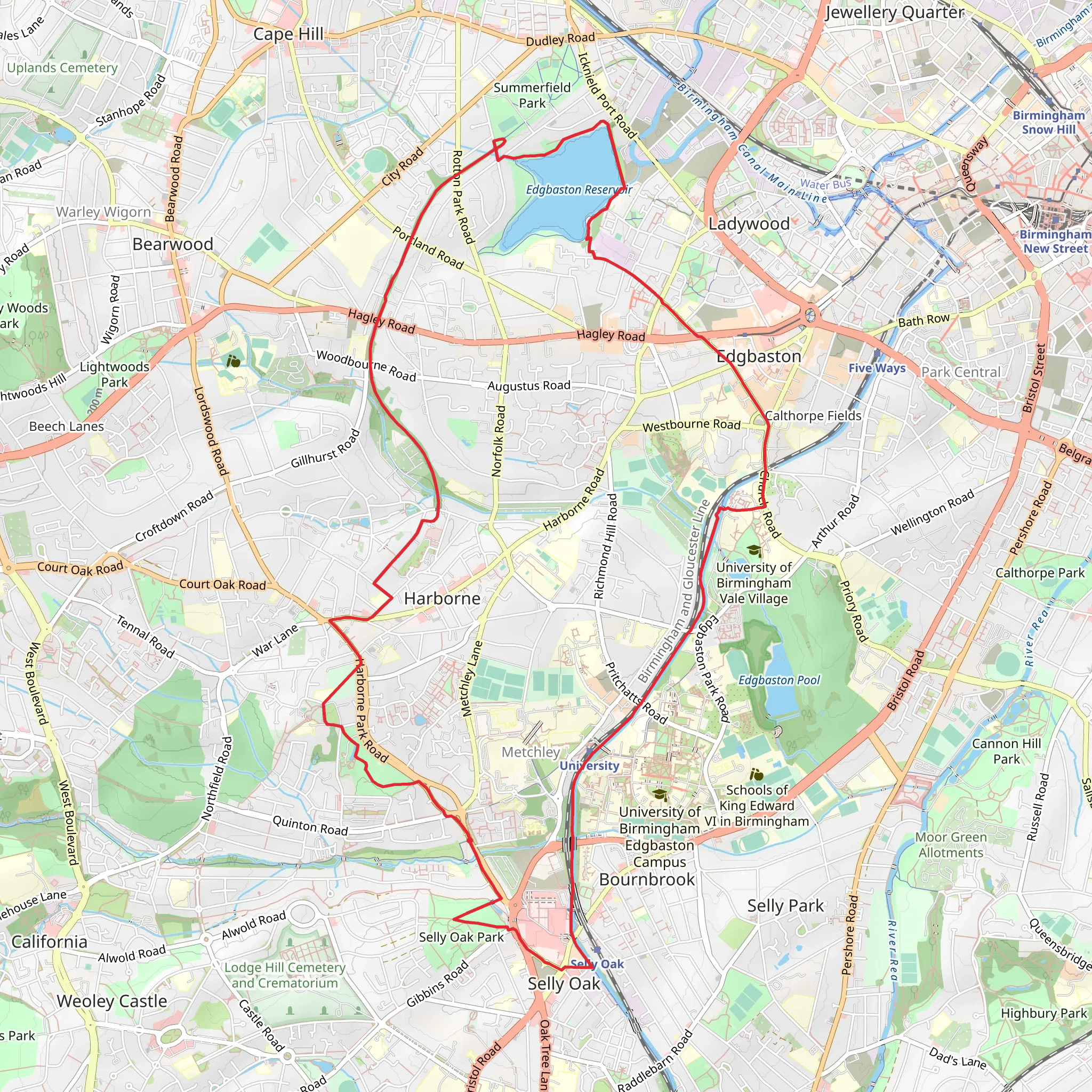 Selly Oak Park, Edgbaston Reservoir and Harborne Nature Reserve via Harborne Walkway mobile static map