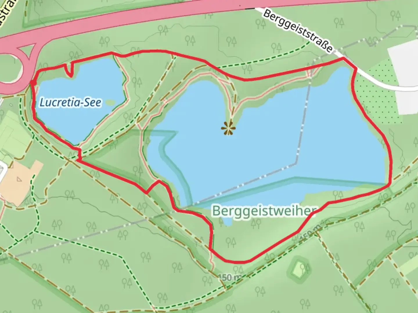 An image depicting the trail Lucretia See and Berggeistweiher via Klüttenweg and its surrounding area.