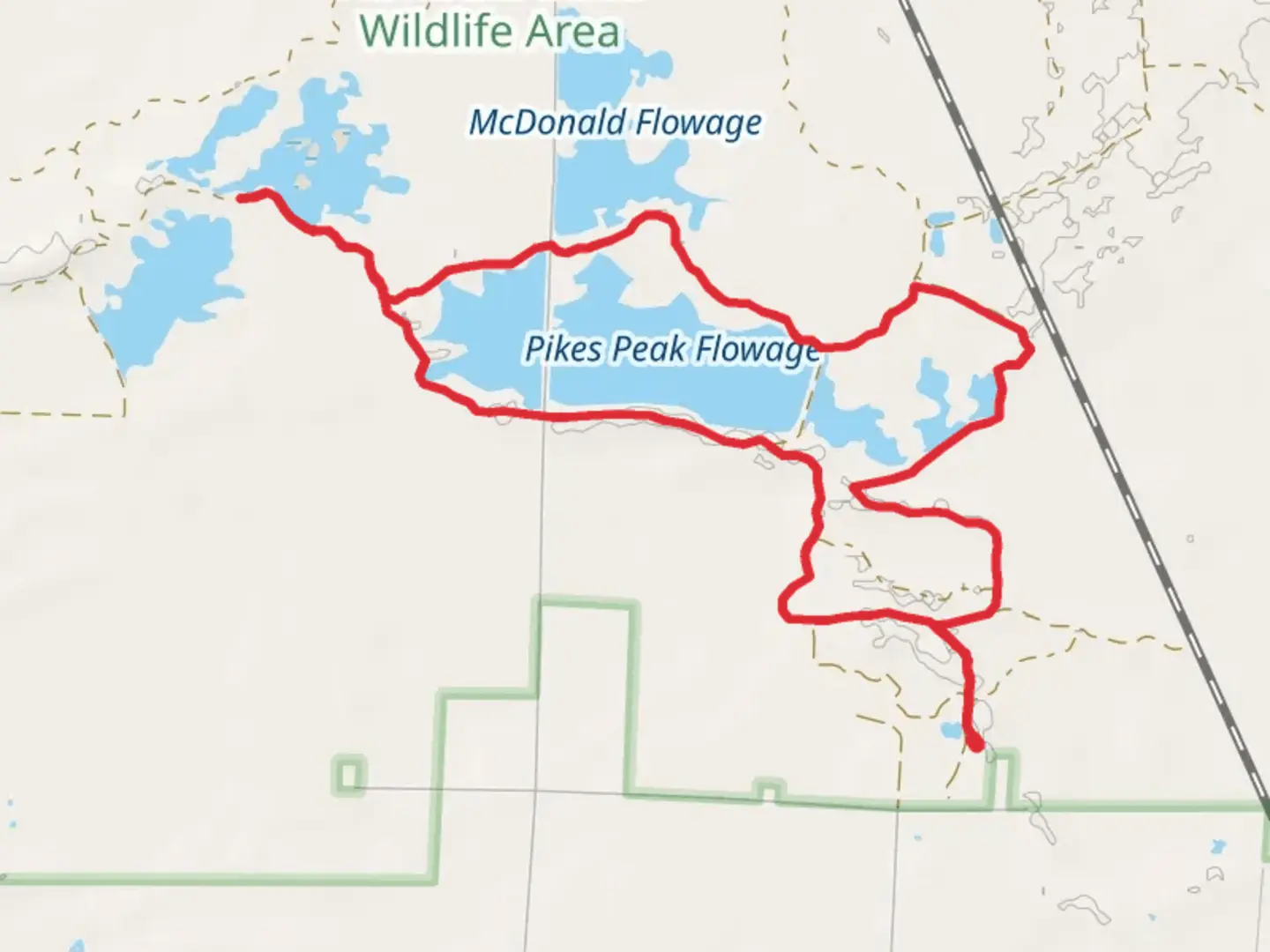 An image depicting the trail Pikes peak Flowage and 80 Acre Flowage Loop and its surrounding area.