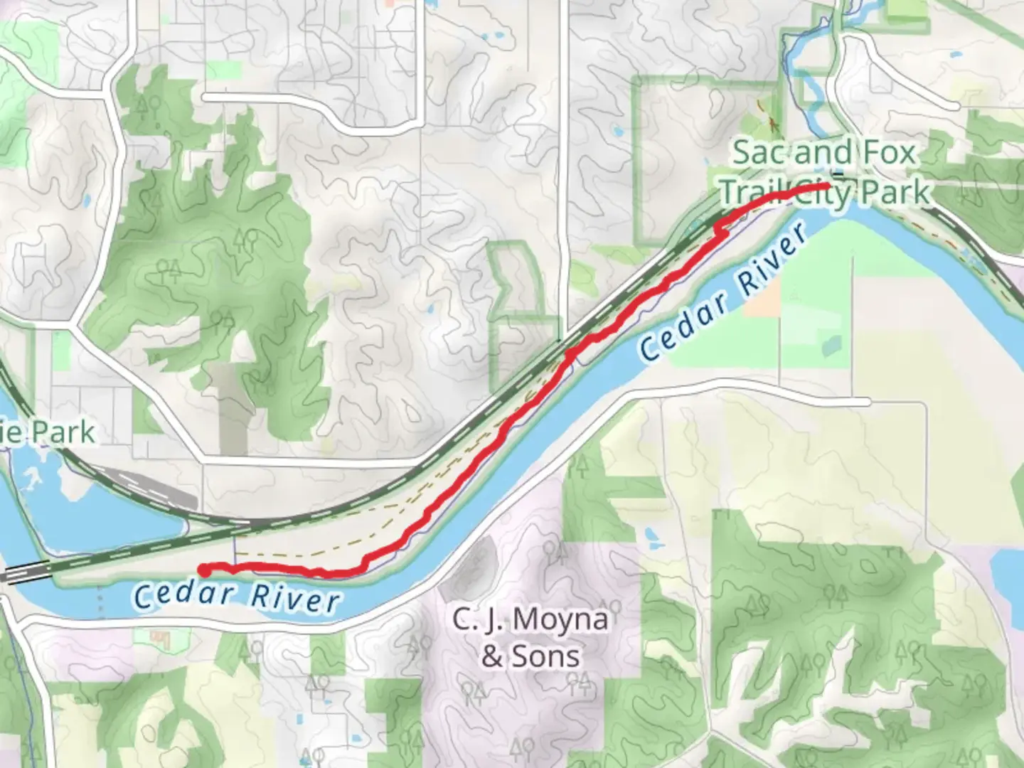 An image depicting the trail Ash and Locust along Cedar River and its surrounding area.