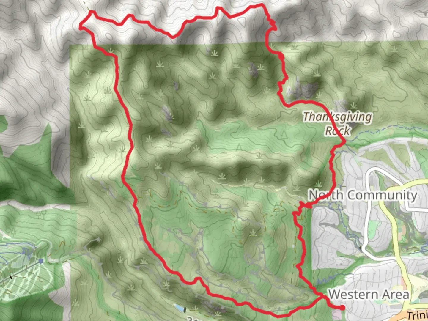 An image depicting the trail Cave of the Winds, Guaje Ridge and Old Mitchell Loop Trail and its surrounding area.