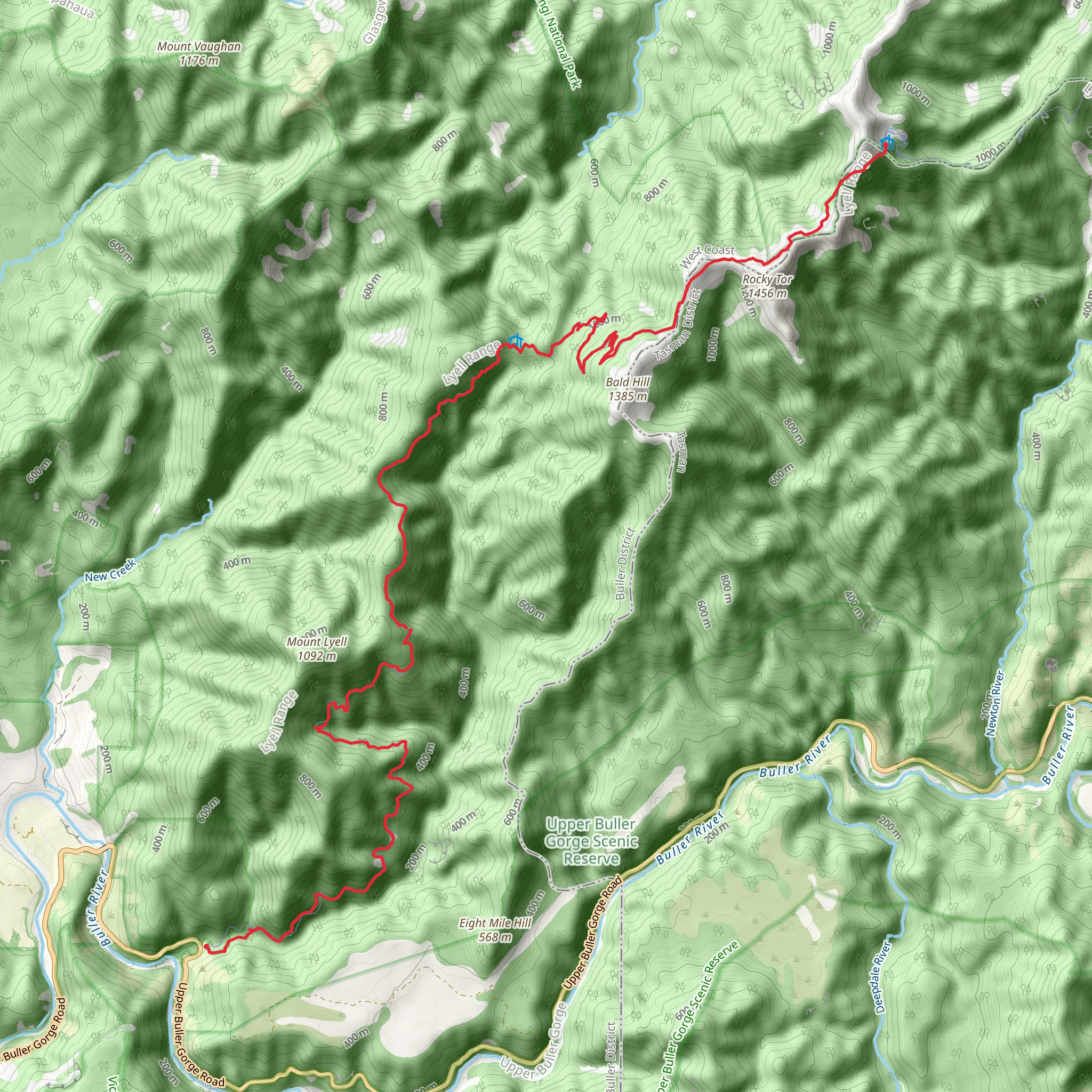 Lyell to Ghost Lake Hut - Old Ghost Road mobile static map
