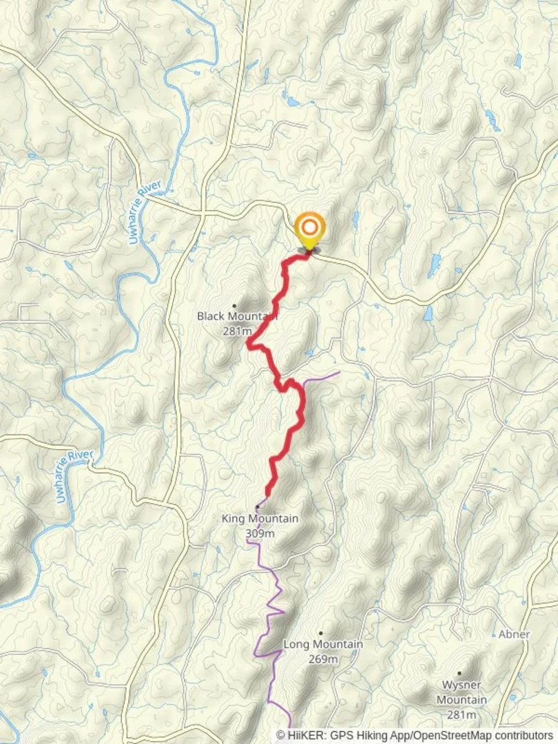 An image depicting the trail Uwharrie Trail from High Pine Church Road - South and its surrounding area.