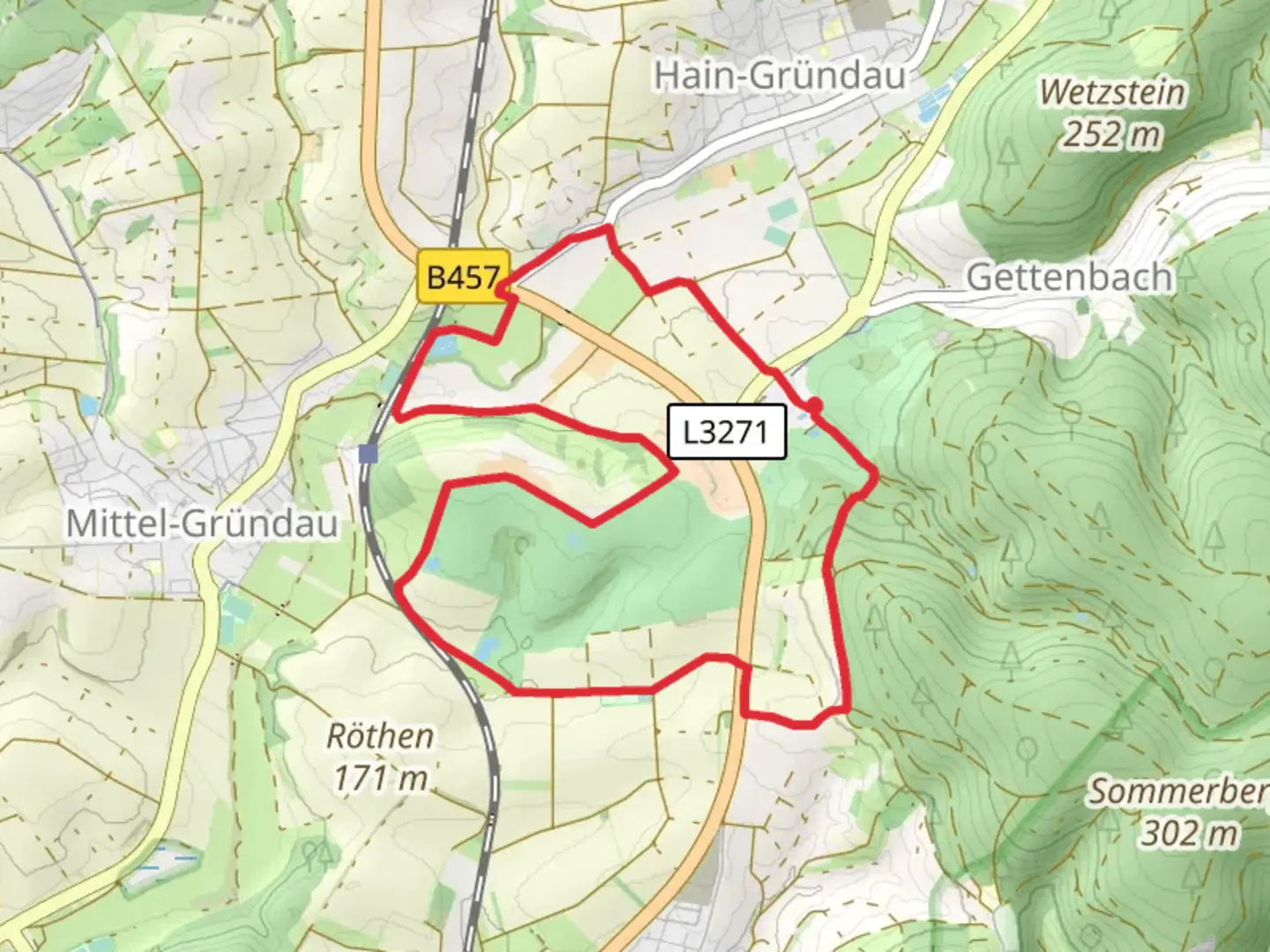 An image depicting the trail Hühnerweg Gruendau and its surrounding area.