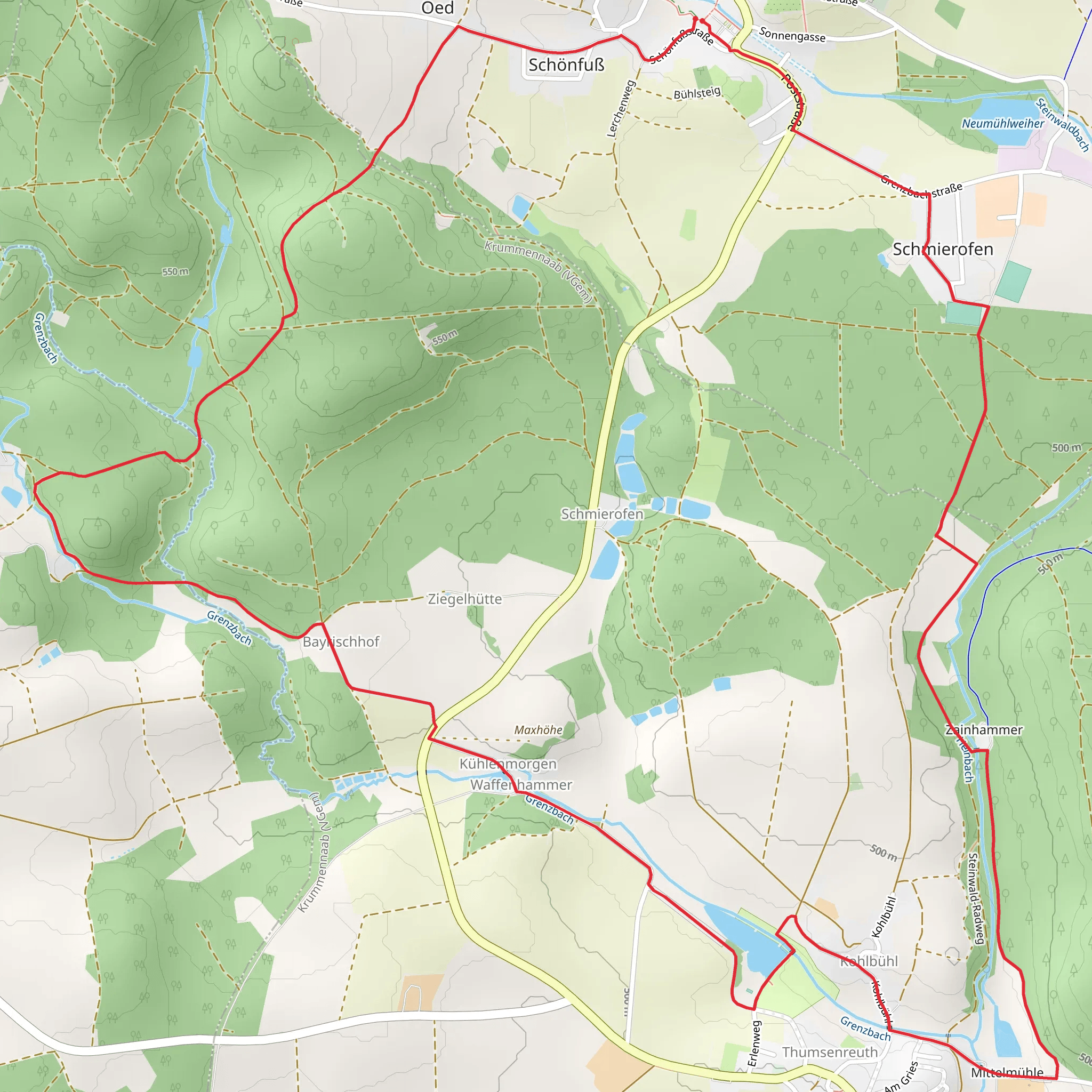 Erlenweiher via Friedenfels Rundwanderweg Gruen mobile static map