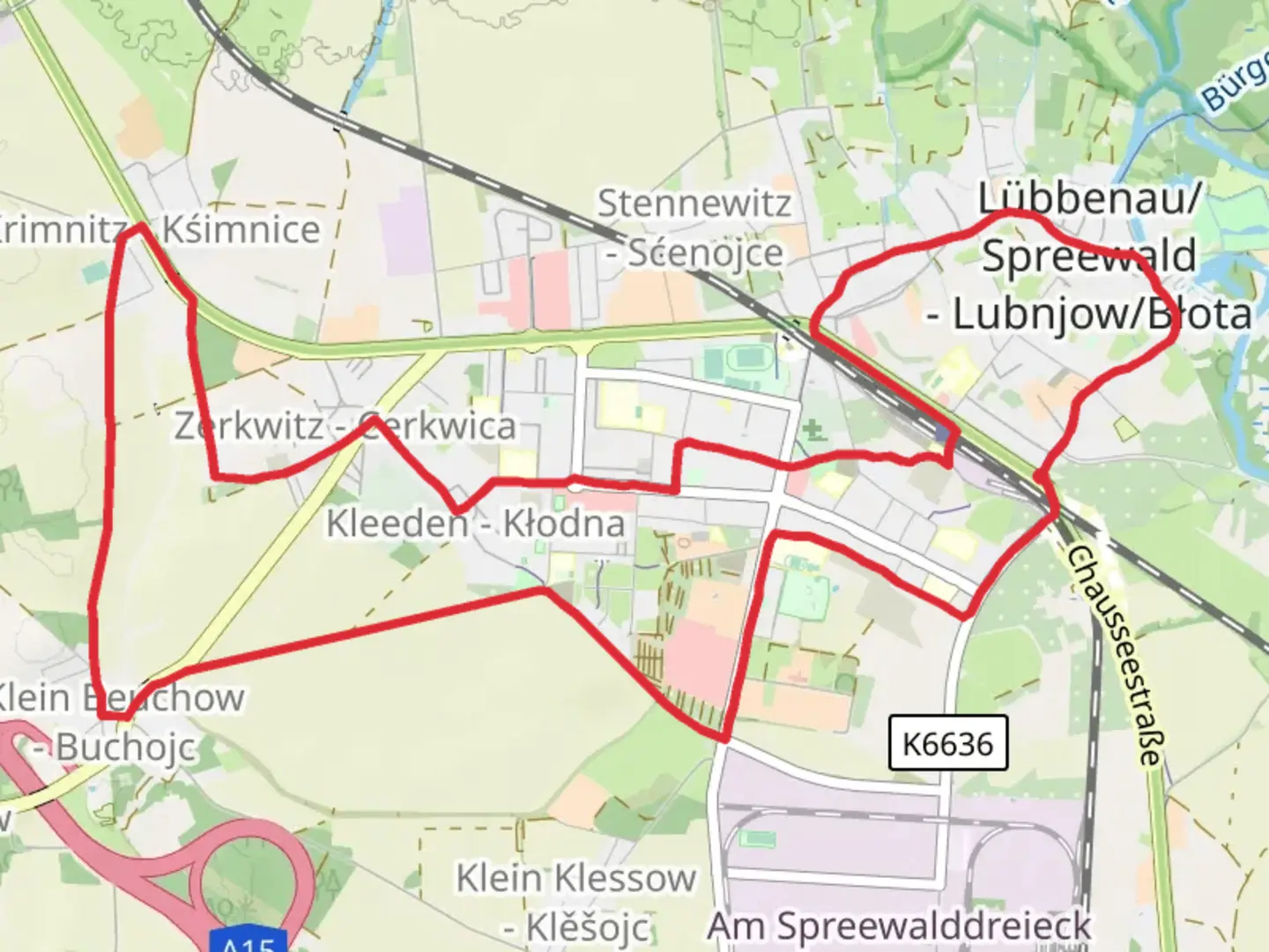 An image depicting the trail Dammstrasse and Wanderweg Luebbenau and its surrounding area.