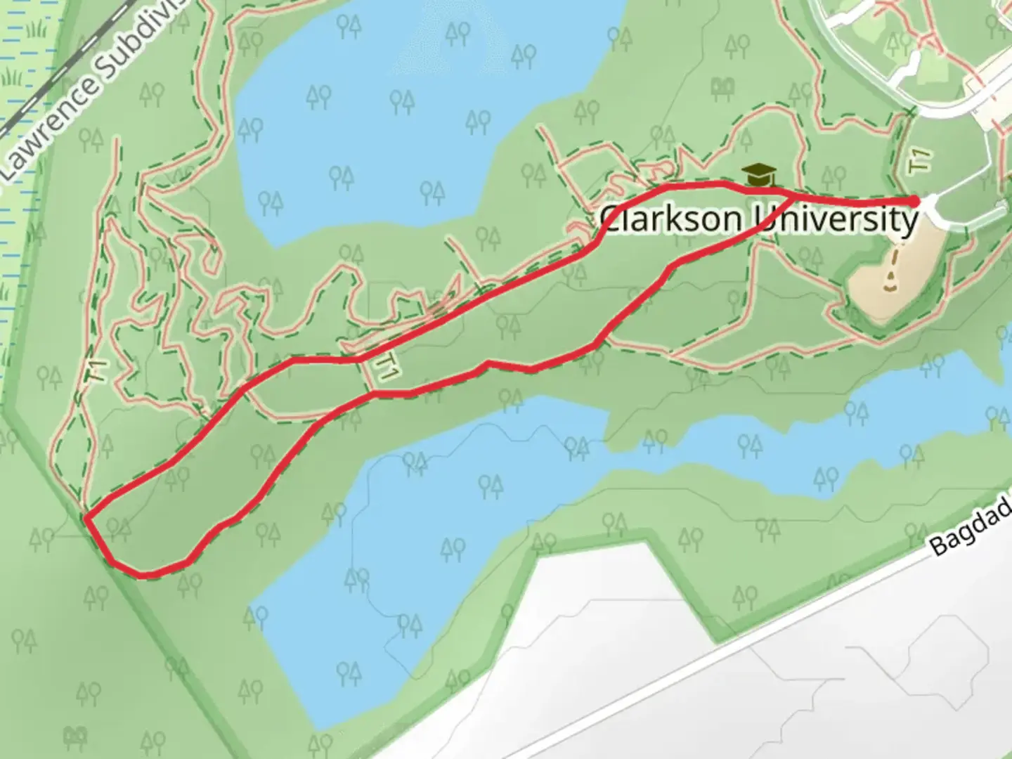An image depicting the trail Clarkson University Trail - Primary Loop and its surrounding area.