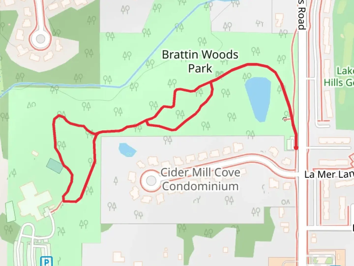 An image depicting the trail Brattin Woods Park and its surrounding area.