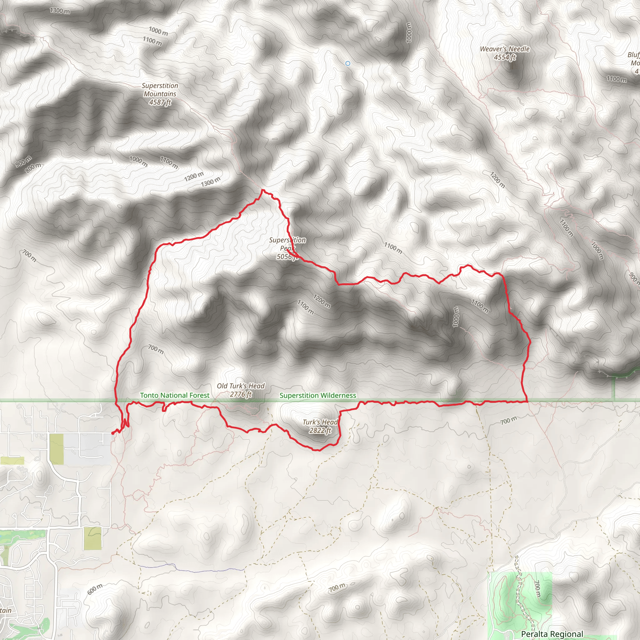 Hieroglyphic, Superstition Peak, Carney Springs and Lost Goldmine Loop Trail mobile static map