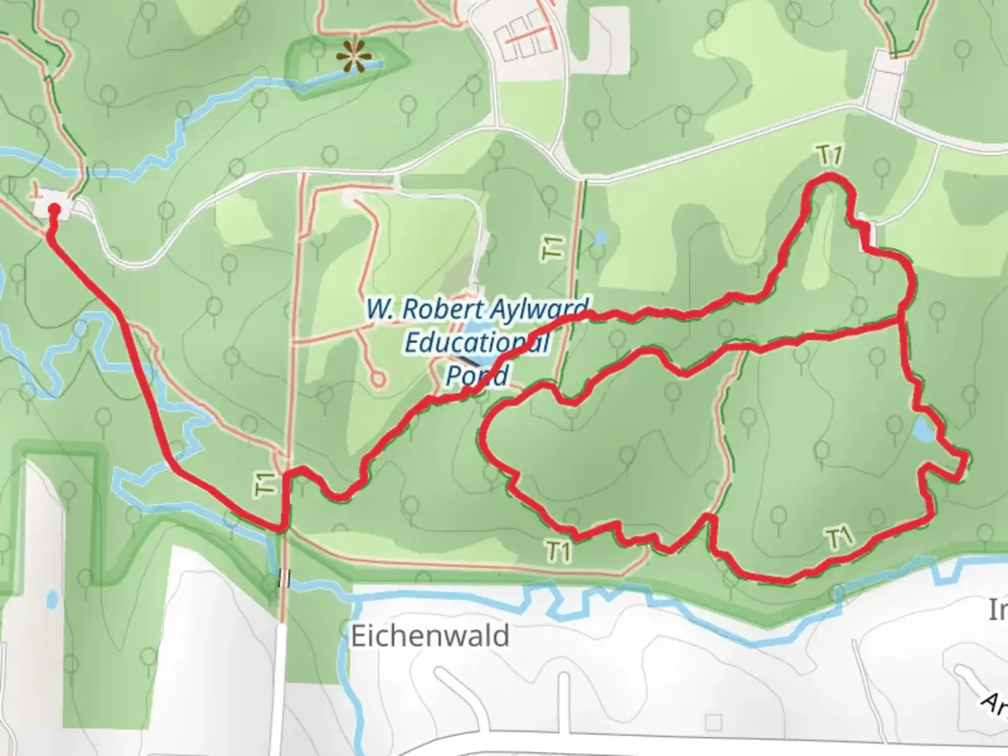 An image depicting the trail Hickory Grove and Wildlife Habitat Loop Trail and its surrounding area.