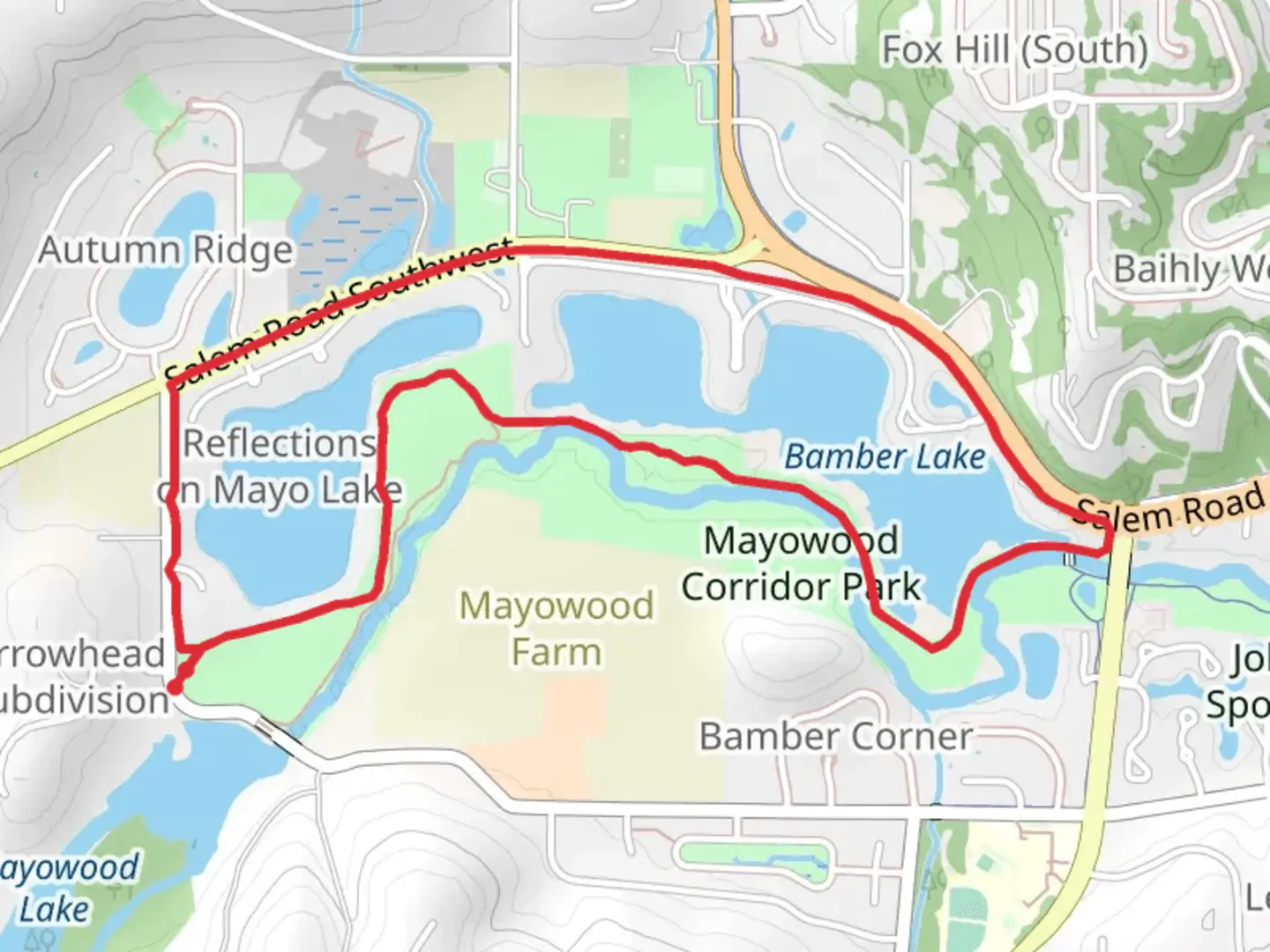 An image depicting the trail Mayo Lake Bamber Lake via Mayowood Corridor County Park Loop and its surrounding area.