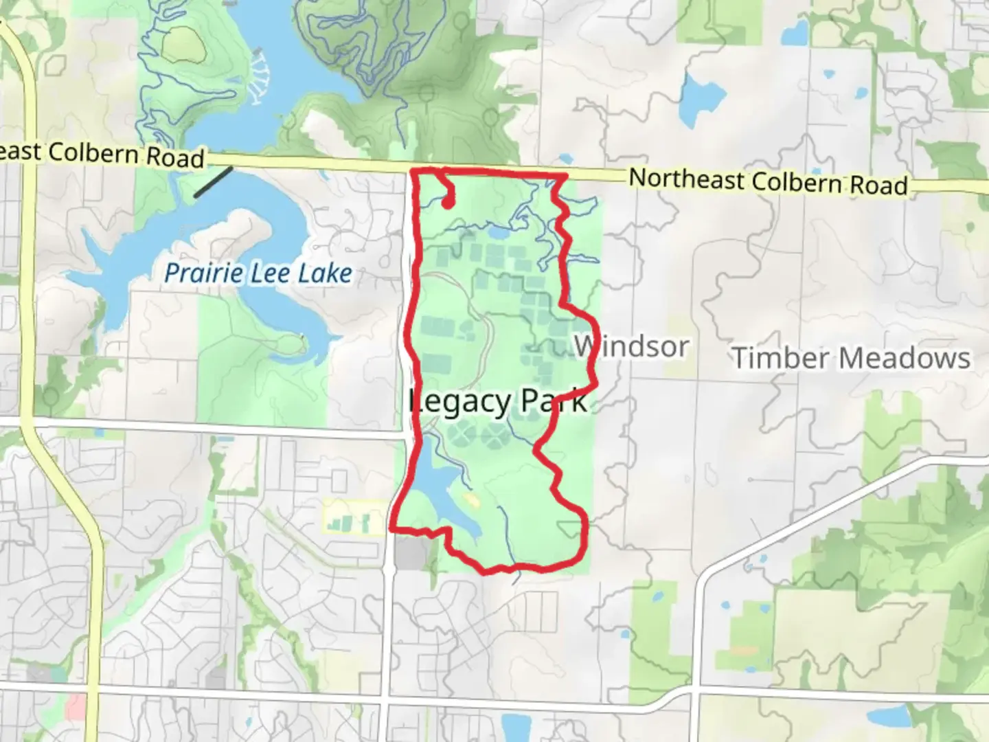 An image depicting the trail Legacy Park Loop and its surrounding area.