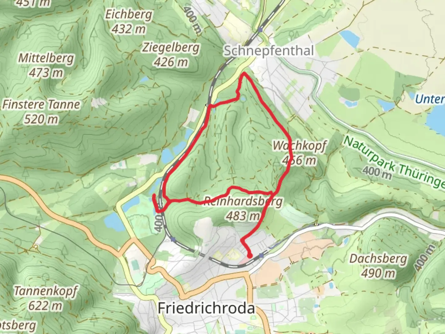 An image depicting the trail Scheerteich, Wachkopf Loop via Zielweg Schnepfenthal and its surrounding area.