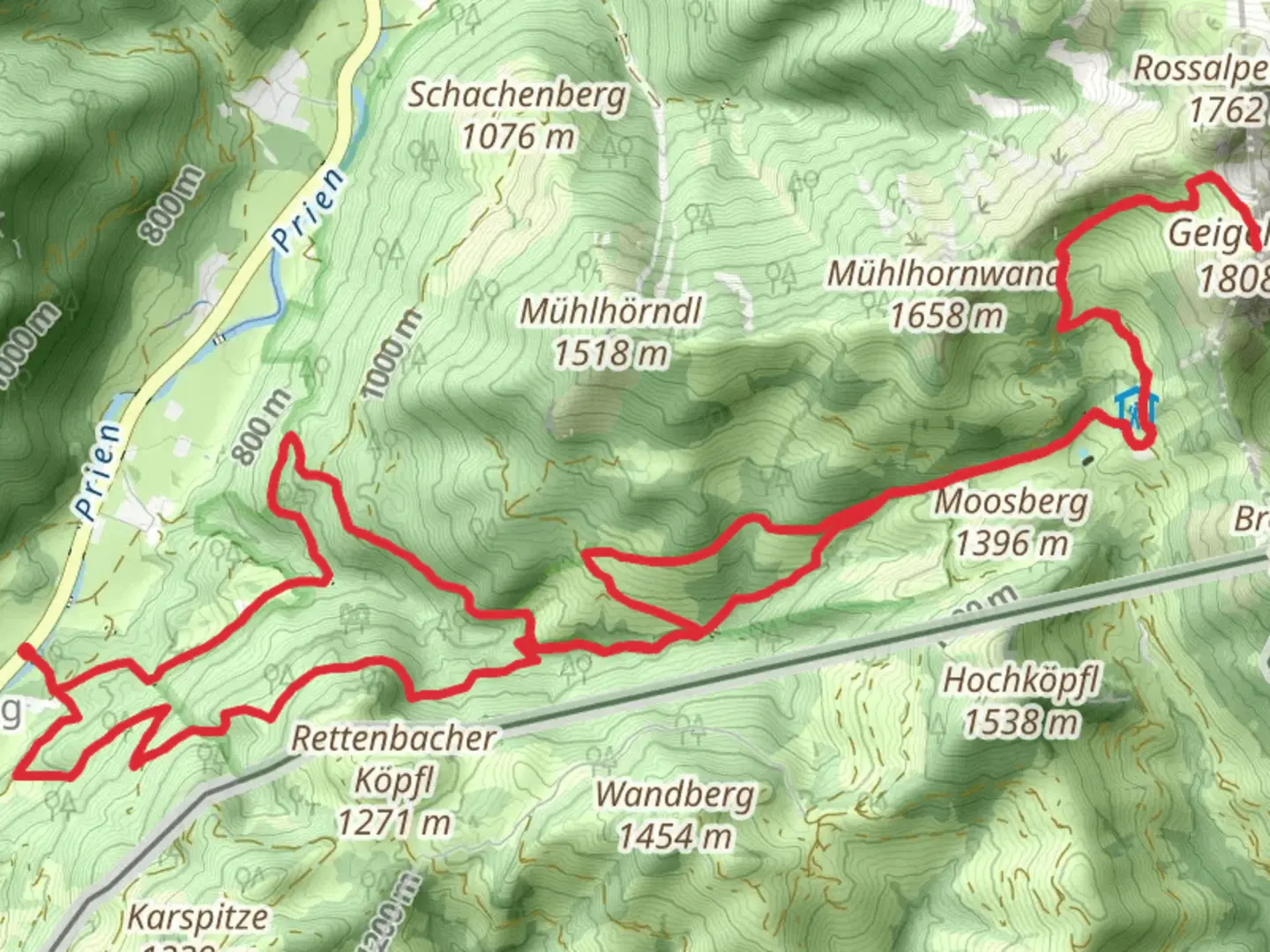 An image depicting the trail Grunbodenalm, Niederkaseralm and Geigelstein Loop via Judensee and its surrounding area.