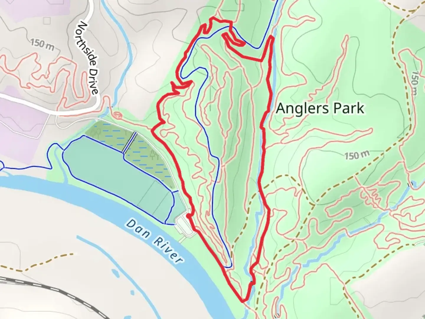 An image depicting the trail Anglers Ridge, Riverside Drive and Riverwalk Loop Trail and its surrounding area.